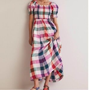 Boden Smocked Colorful Gingham Checkerboard Linen Midi Maxi Dress size 2